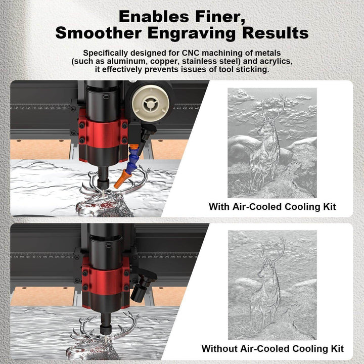CNC machine engraving a glass with text about air-cooled cooling kit benefits. Twotrees 500W Air Cooled Cooling Kit for CNC Routers | Twotrees CNC Router Parts Accessories