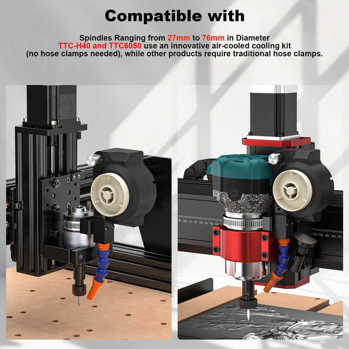 Two machine tools with spindles on a white background, highlighting compatibility with specific spindle sizes. Twotrees 500W Air Cooled Cooling Kit for CNC Routers | Twotrees CNC Router Parts Accessories