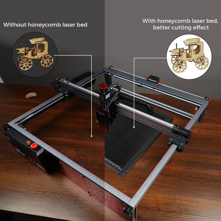 Laser cutting machine with and without honeycomb laser bed on a wooden surface Twotrees 500x500mm Laser Cutting Honeycomb Workbench Table for Precision Engraving | Twotrees Laser Engraver Parts Accessories