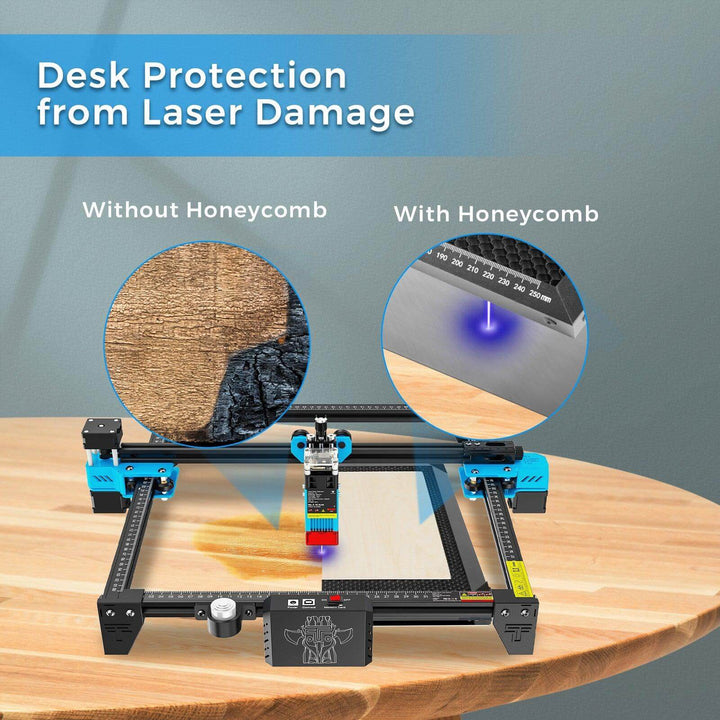 Desk protection system with honeycomb design shown on a wooden surface, highlighting laser damage prevention. Twotrees 500x500mm Laser Cutting Honeycomb Workbench Table for Precision Engraving | Twotrees Laser Engraver Parts Accessories