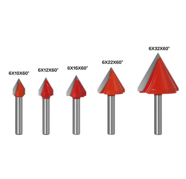 Set of five red and silver router bits with varying sizes on a white background Twotrees 60° V-Groove Router Bit Cutter Precision CNC Router Bits for Woodworking | Twotrees CNC Router Bits