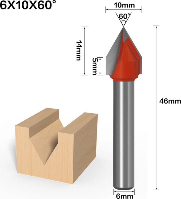 CNC router bit with dimensions and a sample cutout on wood Twotrees 60° V-Groove Router Bit Cutter Precision CNC Router Bits for Woodworking | Twotrees CNC Router Bits