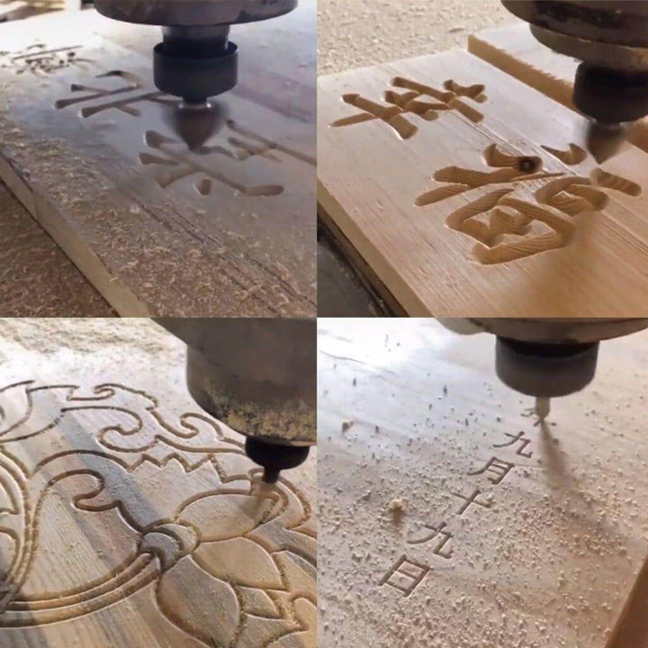 Wood engraving process with a drill bit on wooden blocks. Twotrees 60° V-Groove Router Bit Cutter Precision CNC Router Bits for Woodworking | Twotrees CNC Router Bits