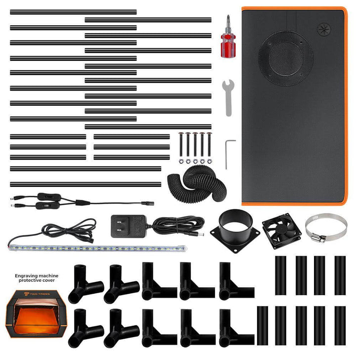 Collection of electronic components and tools on a white background Twotrees 780x720x460mm Laser Engraver Enclosure Enhance Your Engraving Experience | Twotrees Laser Engraver Parts Accessories