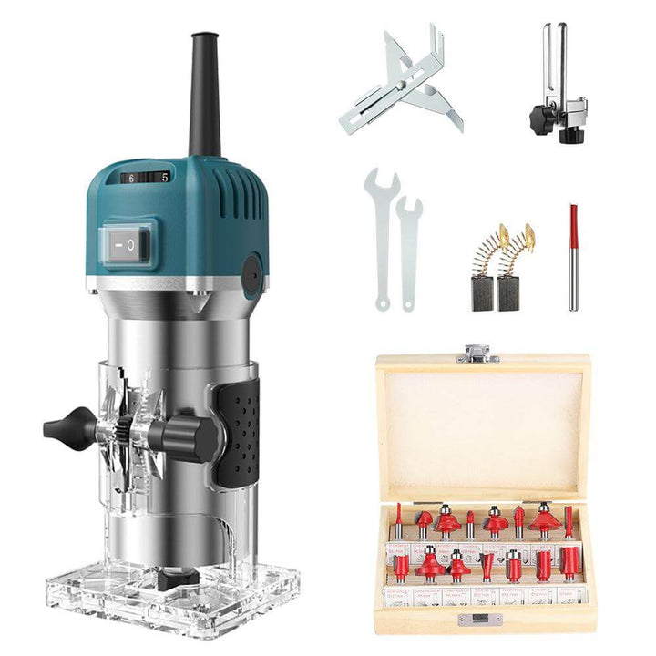 Router with accessories including a box of bits on a white background Twotrees 800W Wood Router Machine 30000RPM Power Tool | Twotrees CNC Router Parts Accessories