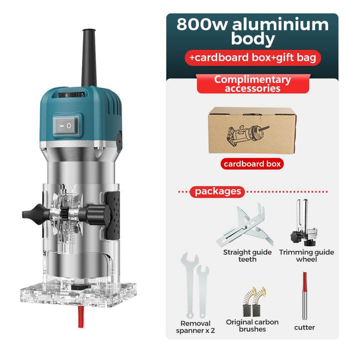 800W aluminium body router with packaging and accessories on a white background Twotrees 800W Wood Router Machine 30000RPM Power Tool | Twotrees CNC Router Parts Accessories