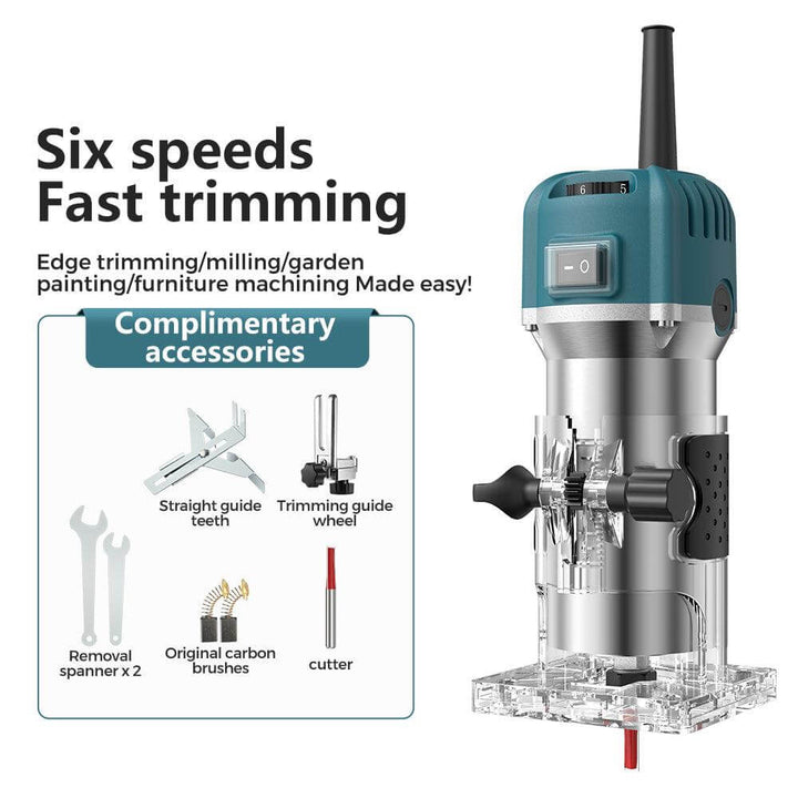 Power tool with six speeds for edge trimming, milling, and garden painting on a white background. Twotrees 800W Wood Router Machine 30000RPM Power Tool | Twotrees CNC Router Parts Accessories