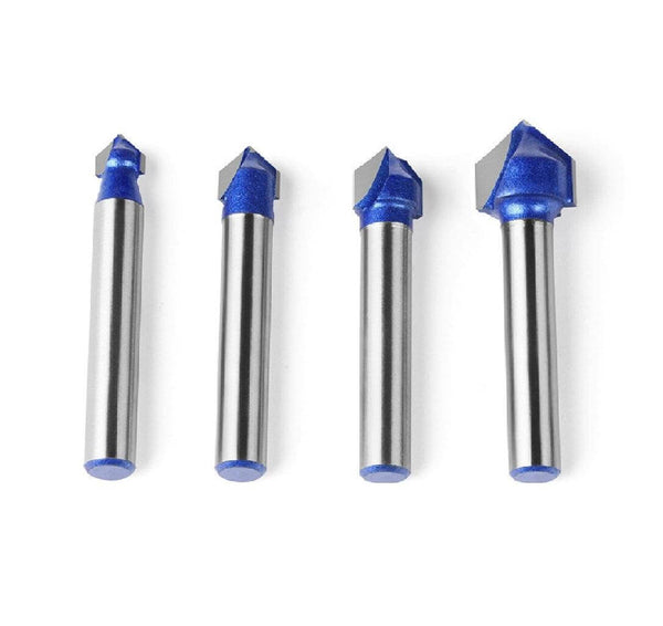 Four metal tools with blue tips on a white background Twotrees 90° V-Groove Cutter 6mm Set of 4 for Precise Engraving | Twotrees CNC Router Bits