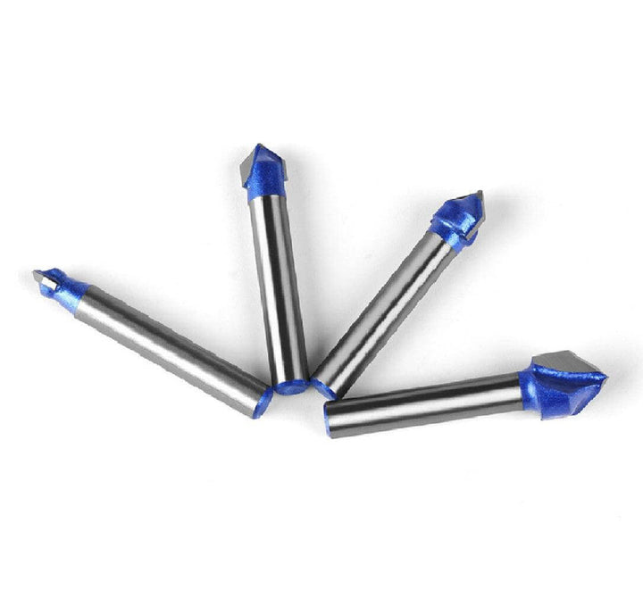 Set of metal drill bits with blue tips on a white background Twotrees 90° V-Groove Cutter 6mm Set of 4 for Precise Engraving | Twotrees CNC Router Bits