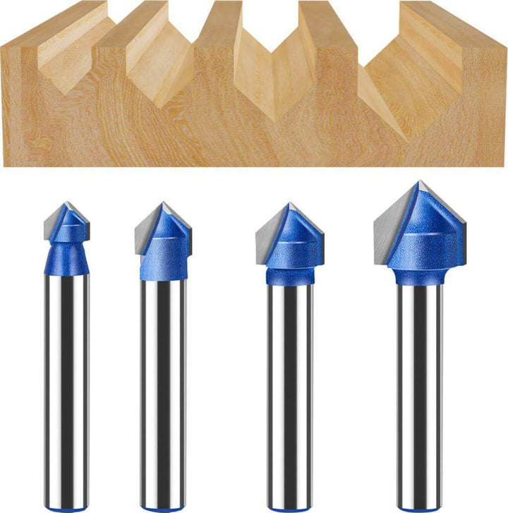 Four blue and silver router bits with a wooden background Twotrees 90° V-Groove Cutter 6mm Set of 4 for Precise Engraving | Twotrees CNC Router Bits