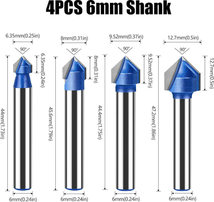 Four blue and silver router bits with measurements on a white background Twotrees 90° V-Groove Cutter 6mm Set of 4 for Precise Engraving | Twotrees CNC Router Bits