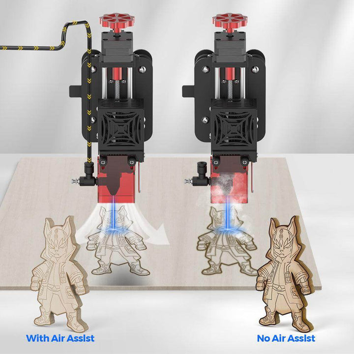 Laser engraving machine with and without air assist on a white background Twotrees Air Assist Kit for Laser Engraver Machines | Twotrees Laser Engraver Parts Accessories
