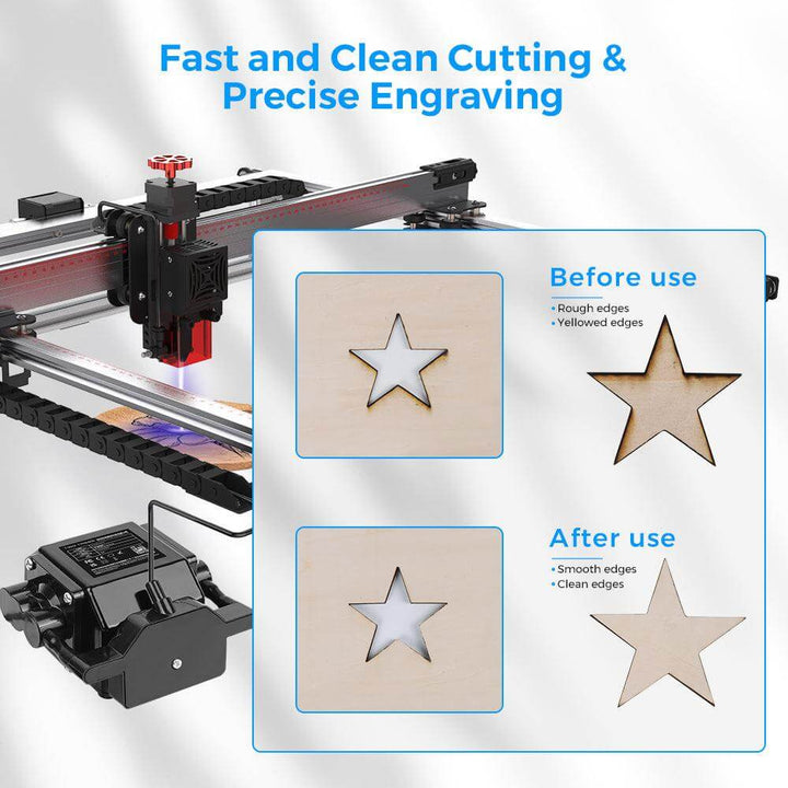 Laser cutting machine with before and after usage comparison of star-shaped cutouts on wood. Twotrees Air Assist Kit for Laser Engraver Machines | Twotrees Laser Engraver Parts Accessories
