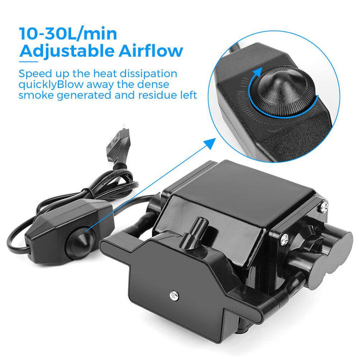 Black adjustable airflow device with control knob and cable on a white background Twotrees Air Assist Kit for Laser Engraver Machines | Twotrees Laser Engraver Parts Accessories