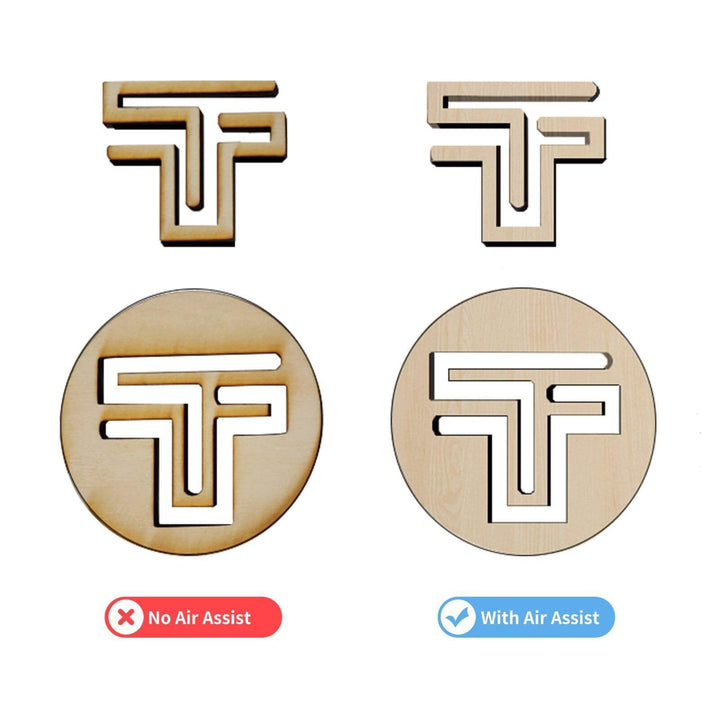 Wooden cutouts of a logo with and without air assist on a white background Twotrees Air Assist Kit for TTS Pro/TS2 - 30L/min | Twotrees Laser Engraver Parts Accessories