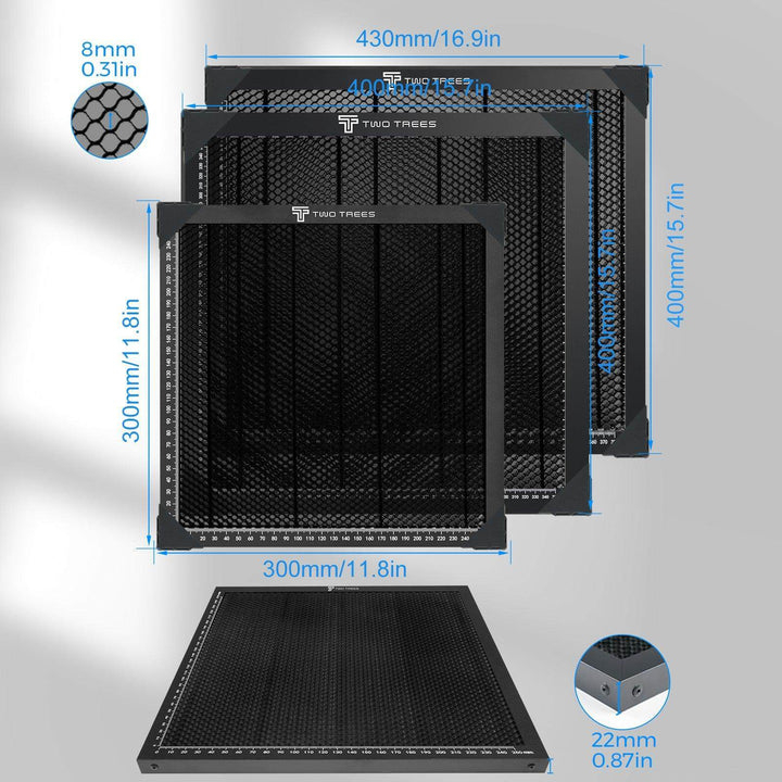 Black mesh filter with dimensions labeled on a gray background Twotrees Aluminum Honeycomb Workbench for Laser Cutting | Twotrees Laser Engraver Parts Accessories