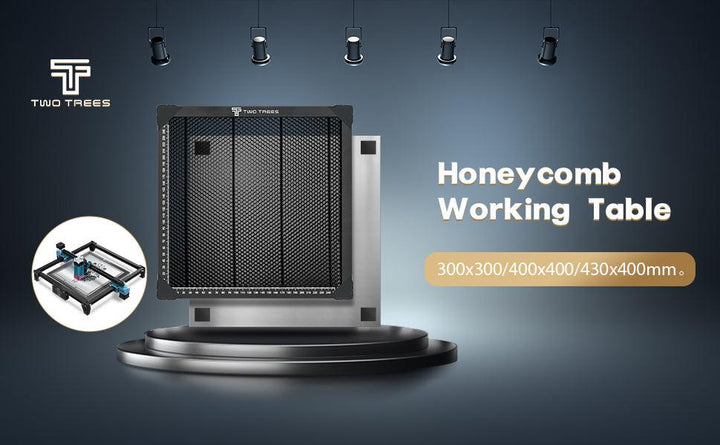 Two Trees honeycomb working table with specifications on a dark background Twotrees Aluminum Honeycomb Workbench for Laser Cutting | Twotrees Laser Engraver Parts Accessories