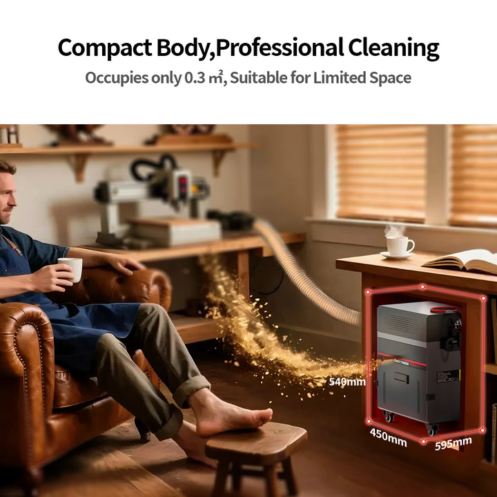 Compact cleaning device in a home setting with text highlighting its size and suitability for limited space. Twotrees CNC Vacuum Cleaner Monster M2 Kits | Twotrees CNC Router Parts Accessories