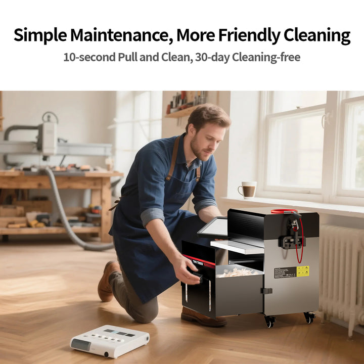 Person using a cleaning device in a workshop setting with text about cleaning frequency. Twotrees CNC Vacuum Cleaner Monster M2 Kits | Twotrees CNC Router Parts Accessories