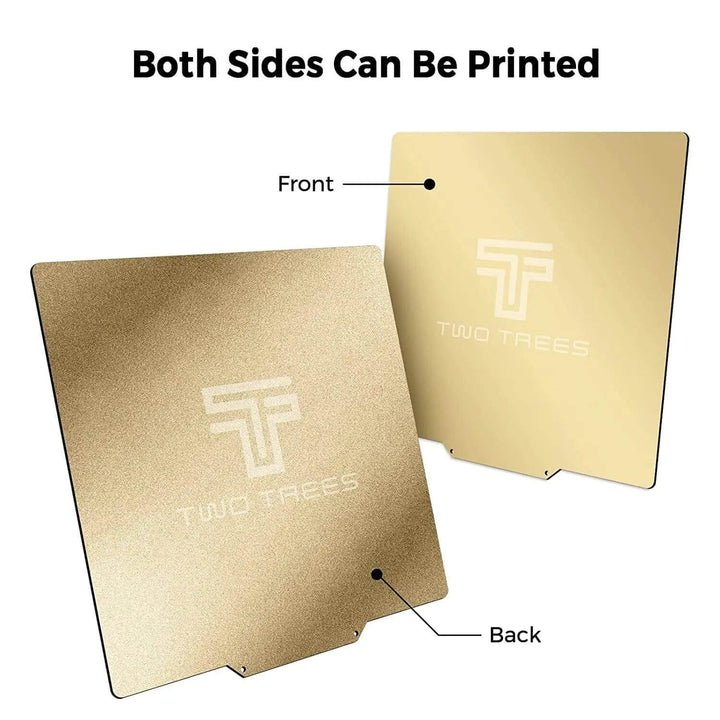 Two gold cards with 'TWO TREES' logo on a white background Twotrees Double-Sided PEI Spring Steel Sheet Magnetic Build Plate for 3D Printers 220-235-310mm | Twotrees 3D Printer Parts Accessories