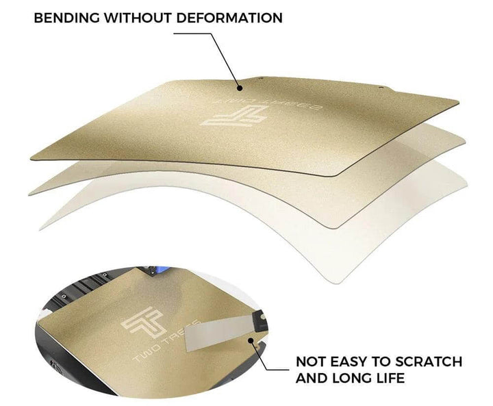 Gold and white car fender with text indicating properties of the material Twotrees Double-Sided PEI Spring Steel Sheet Magnetic Build Plate for 3D Printers 220-235-310mm | Twotrees 3D Printer Parts Accessories