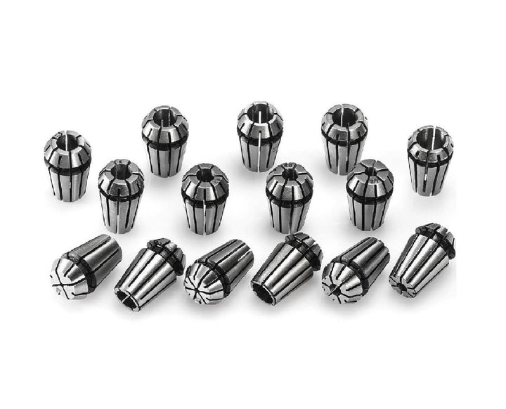 Set of metal collets on a white background Twotrees ER11 Collet Set of 15 for CNC Machines | Twotrees CNC Router Parts Accessories