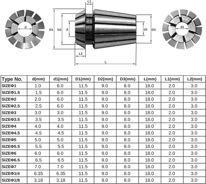 Technical drawing and dimensions of a cylindrical component with measurement labels. Twotrees ER11 Collet Set of 15 for CNC Machines | Twotrees CNC Router Parts Accessories