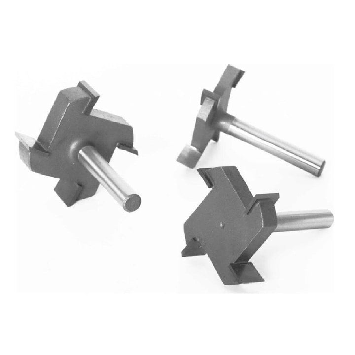 Three metal router bits on a white background Twotrees Groove Cutter Four Edged 6mm Set of 4 | Twotrees CNC Router Bits