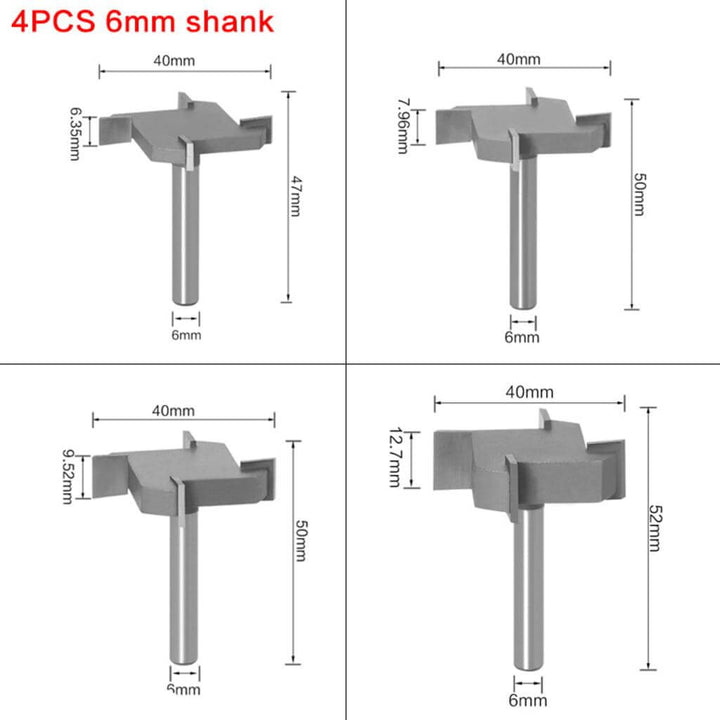 Dimensions of four metal drill bits with a 6mm shank on a white background Twotrees Groove Cutter Four Edged 6mm Set of 4 | Twotrees CNC Router Bits
