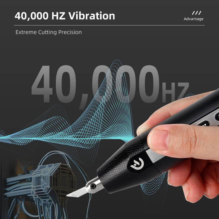 Hand holding a tool with 40,000 Hz vibration text and wave graphics on a dark background Twotrees Hanboost C1 Ultrasonic Cutter Ideal for DIY Makers | Twotrees Laser Engraver Parts Accessories