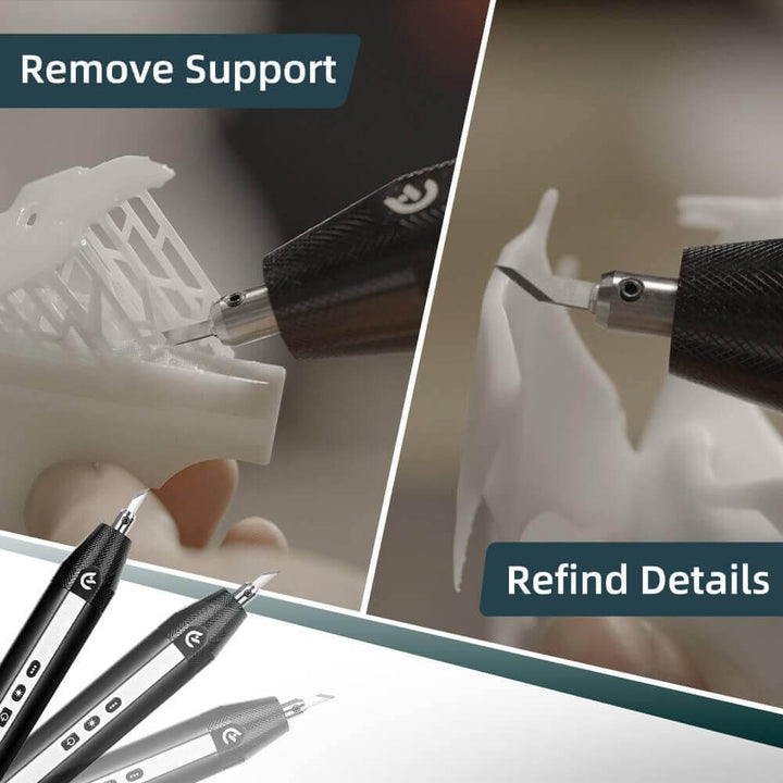 Two stages of a 3D printing process with tools labeled 'Remove Support' and 'Refind Details'. Twotrees Hanboost C1 Ultrasonic Cutter for DIY Makers Precision Cutting Tool | Twotrees CNC Router Parts Accessories