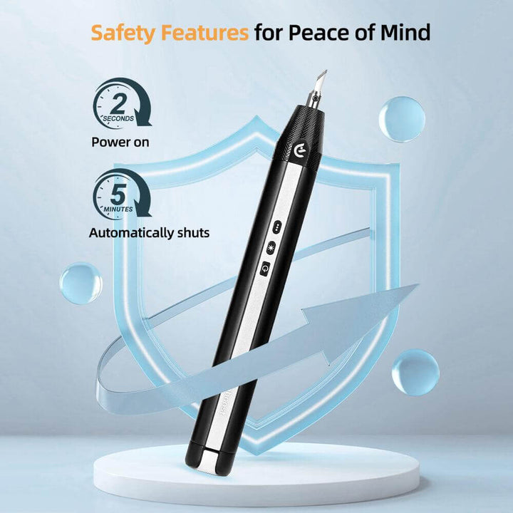 Pen with safety features on a shield graphic against a light blue background Twotrees Hanboost C1 Ultrasonic Cutter for DIY Makers Precision Cutting Tool | Twotrees CNC Router Parts Accessories