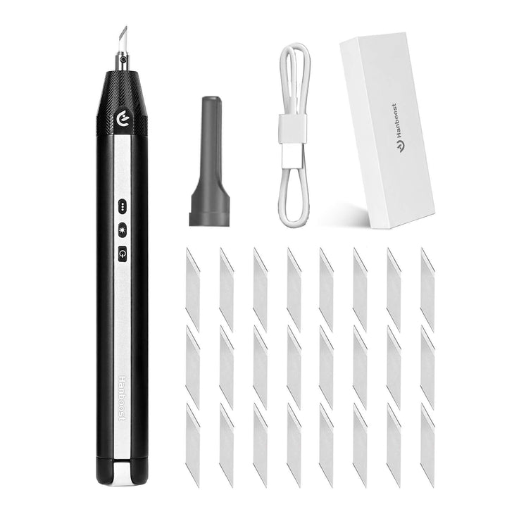 Black electronic device with interchangeable parts on a white background Twotrees Hanboost C1 Ultrasonic Cutter for DIY Makers Precision Cutting Tool | Twotrees CNC Router Parts Accessories
