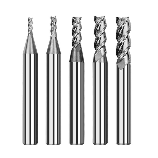 Set of five metal drill bits on a white background Twotrees High Quality 5PCS HRC55 3-Flute End Mills Tungsten Carbide CNC Router Bits End Mills | Twotrees CNC Router Bits