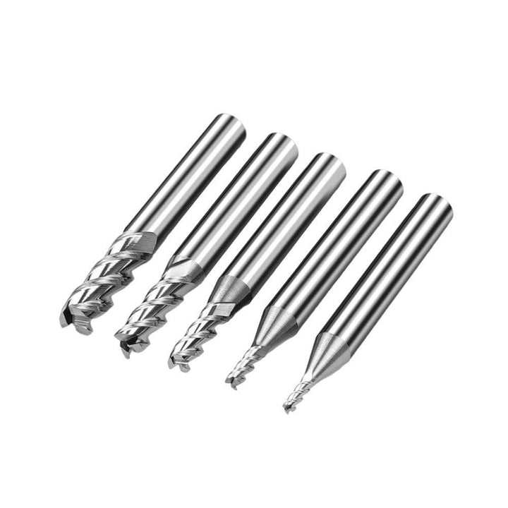 Set of five metal milling cutters on a white background Twotrees High Quality 5PCS HRC55 3-Flute End Mills Tungsten Carbide CNC Router Bits End Mills | Twotrees CNC Router Bits