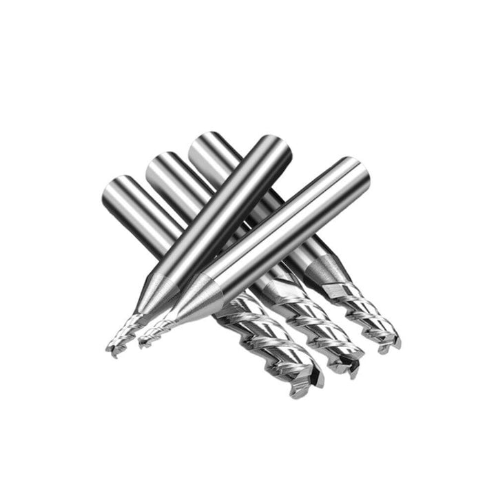 Set of metal drill bits on a white background Twotrees High Quality 5PCS HRC55 3-Flute End Mills Tungsten Carbide CNC Router Bits End Mills | Twotrees CNC Router Bits