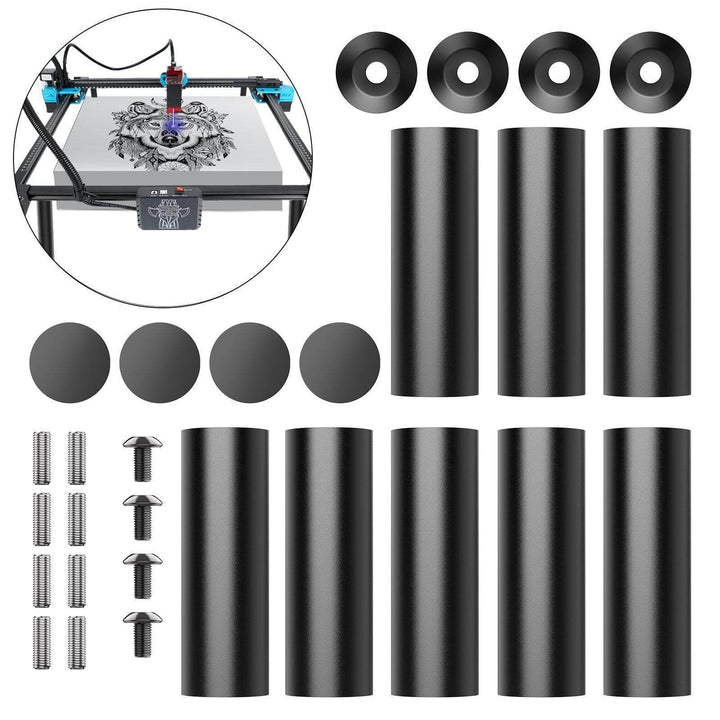 Set of black cylindrical parts and screws on a white background with a close-up of a 3D printer in the corner. Twotrees Laser Engrayer Risers 8-Pack for Heightening | Twotrees Laser Engraver Parts Accessories