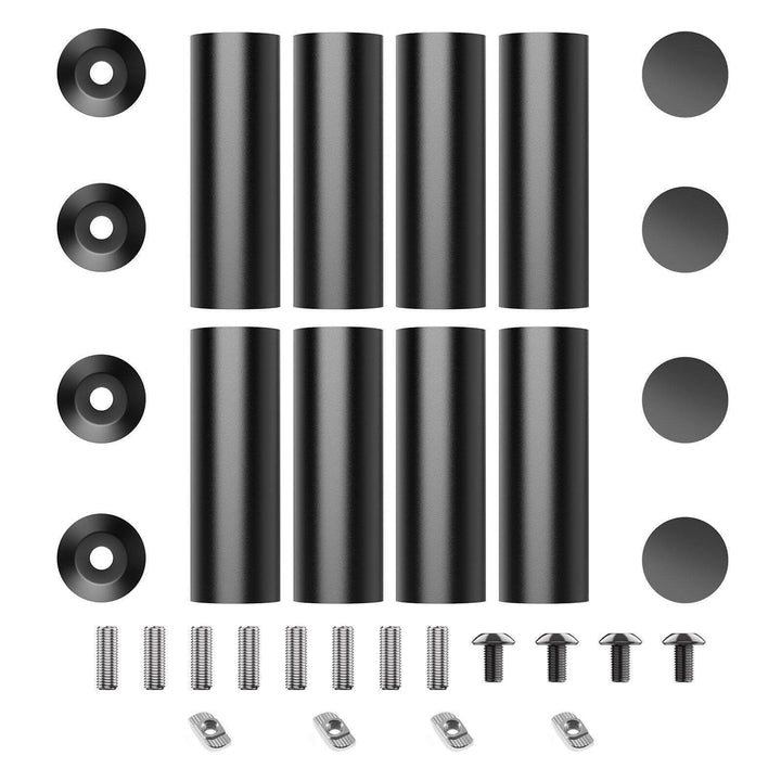 Set of black cylindrical metal parts and screws on a white background Twotrees Laser Engrayer Risers 8-Pack for Heightening | Twotrees Laser Engraver Parts Accessories