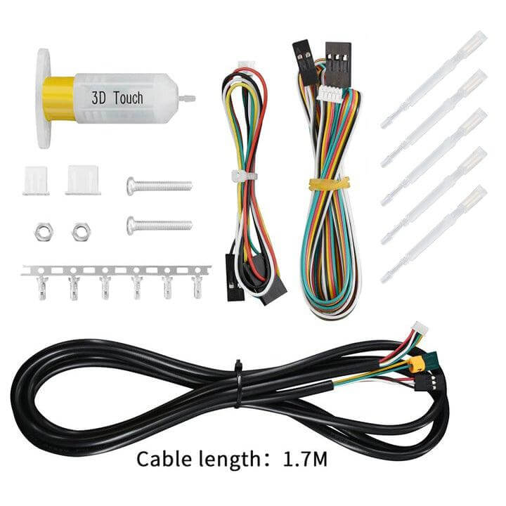Collection of electronic components and cables on a white background Twotrees Makerbase 3D Touch Sensor Auto Bed Leveling for 3D Printers BLTouch Compatible Parts | Twotrees 3D Printer Parts Accessories