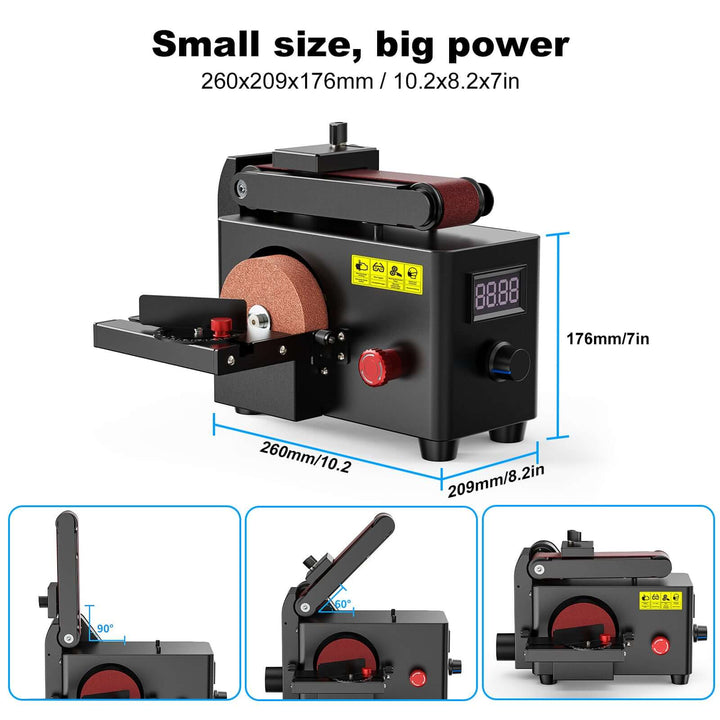 Belt sander with dimensions and features on a white background Twotrees Multi-purpose Grinder for CNC Projects | Twotrees CNC Router Parts Accessories