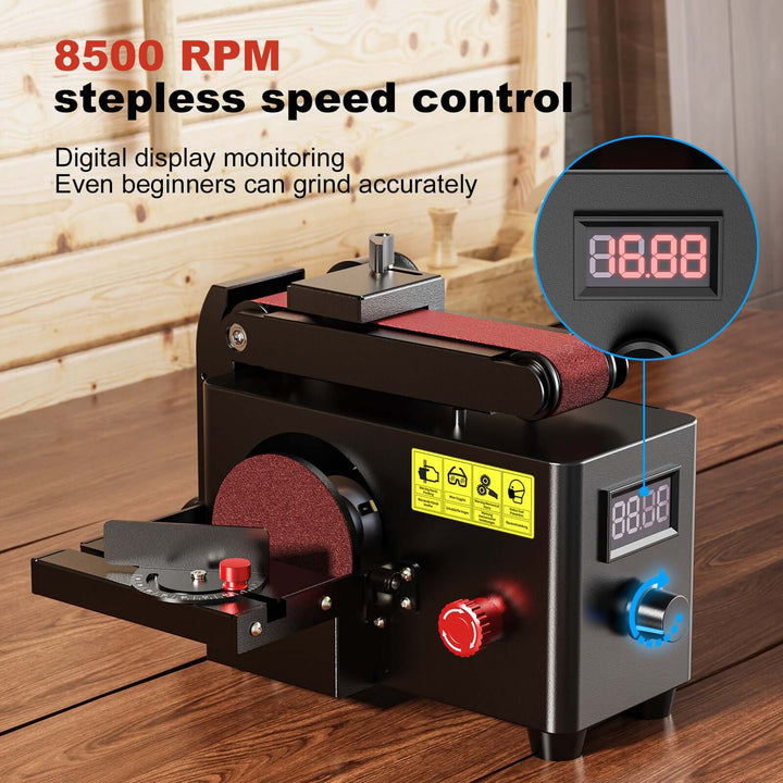 Belt sander with digital speed control display on a wooden surface Twotrees Multi-purpose Grinder for CNC Projects | Twotrees CNC Router Parts Accessories