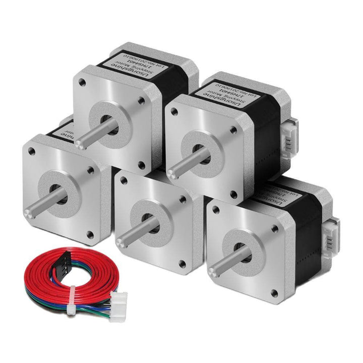 Four mechanical components with wiring on a white background Twotrees Nema 17 Stepper Motor 5 Pieces Pack for CNC and 3D Printing | Twotrees CNC Router Parts Accessories