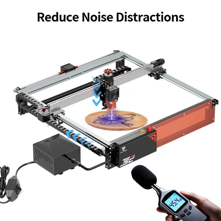 Laser engraving machine with a microphone measuring noise levels, labeled 'Reduce Noise Distractions'. Twotrees P2 Air Assist for TTS PRO TS2 25L/min | Twotrees Laser Engraver Parts Accessories