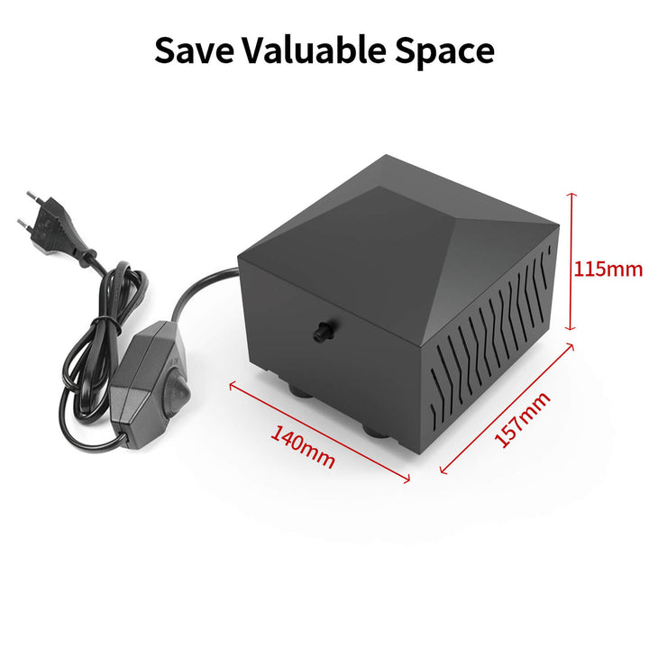 Black power adapter with plug and cable, labeled 'Save Valuable Space' with dimensions on a white background. Twotrees P2 Air Assist for TTS PRO TS2 25L/min | Twotrees Laser Engraver Parts Accessories