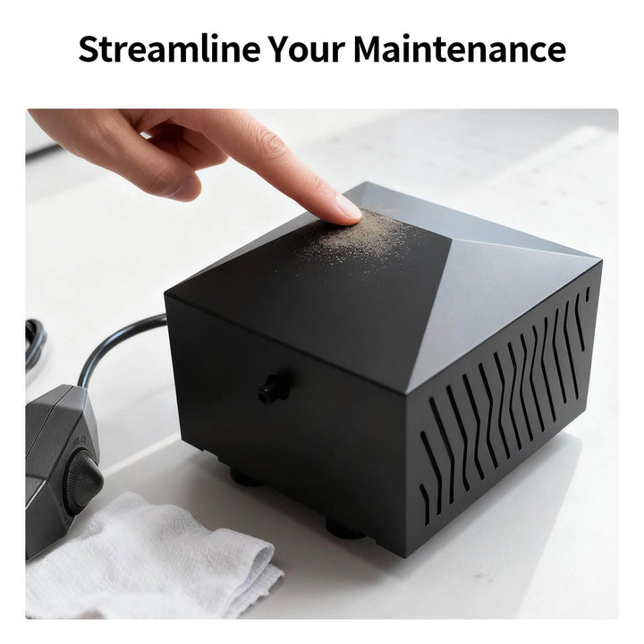 Black electronic device with a hand pointing to it on a white surface, with text 'Streamline Your Maintenance'. Twotrees P2 Air Assist for TTS PRO TS2 25L/min | Twotrees Laser Engraver Parts Accessories
