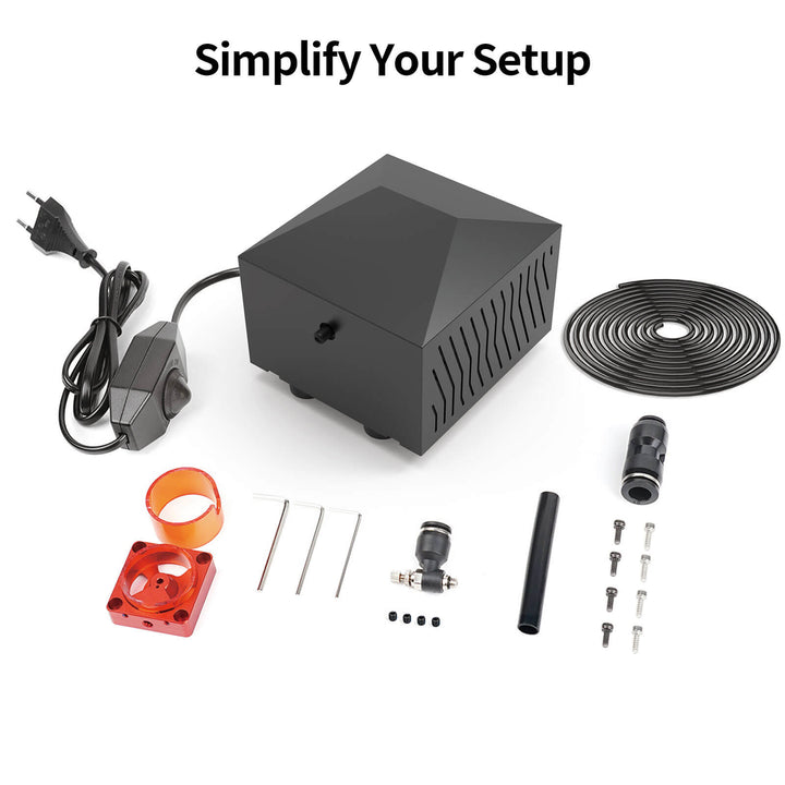 Collection of plumbing and electrical components with text 'Simplify Your Setup' on a white background. Twotrees P2 Air Assist for TTS PRO TS2 25L/min | Twotrees Laser Engraver Parts Accessories