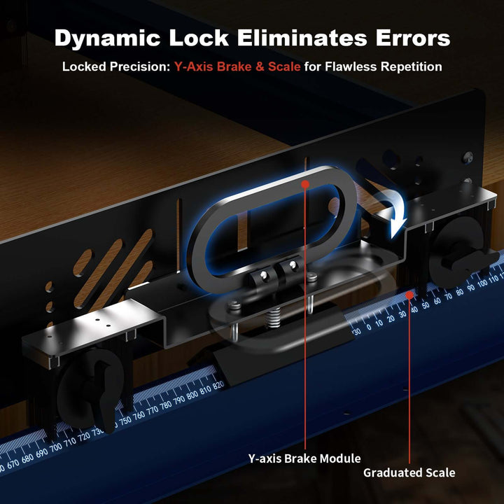 Y-axis brake module with graduated scale on a dark background Twotrees RS-200 Trimming Machine Aid for Woodworking | Twotrees CNC Router Parts Accessories