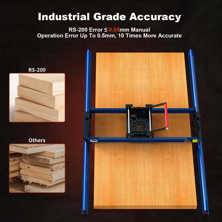 Woodworking measurement tool with RS-200 accuracy details on a dark background Twotrees RS-200 Trimming Machine Aid for Woodworking | Twotrees CNC Router Parts Accessories