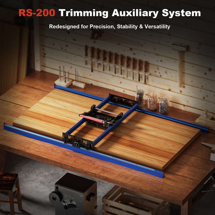 RS-200 Trimming Auxiliary System on a wooden workbench with tools in the background. Twotrees RS-200 Trimming Machine Aid for Woodworking | Twotrees CNC Router Parts Accessories