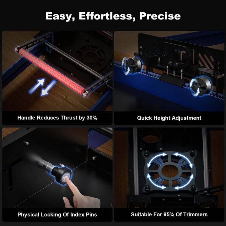 Product features with text highlighting ease, effortlessness, and precision. Twotrees RS-200 Trimming Machine Aid for Woodworking | Twotrees CNC Router Parts Accessories
